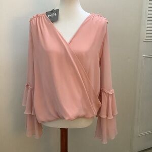 Top Blush Pink Double Bell Sleeve Spring NWT Marled Reunited Clothing Brand Sz L
